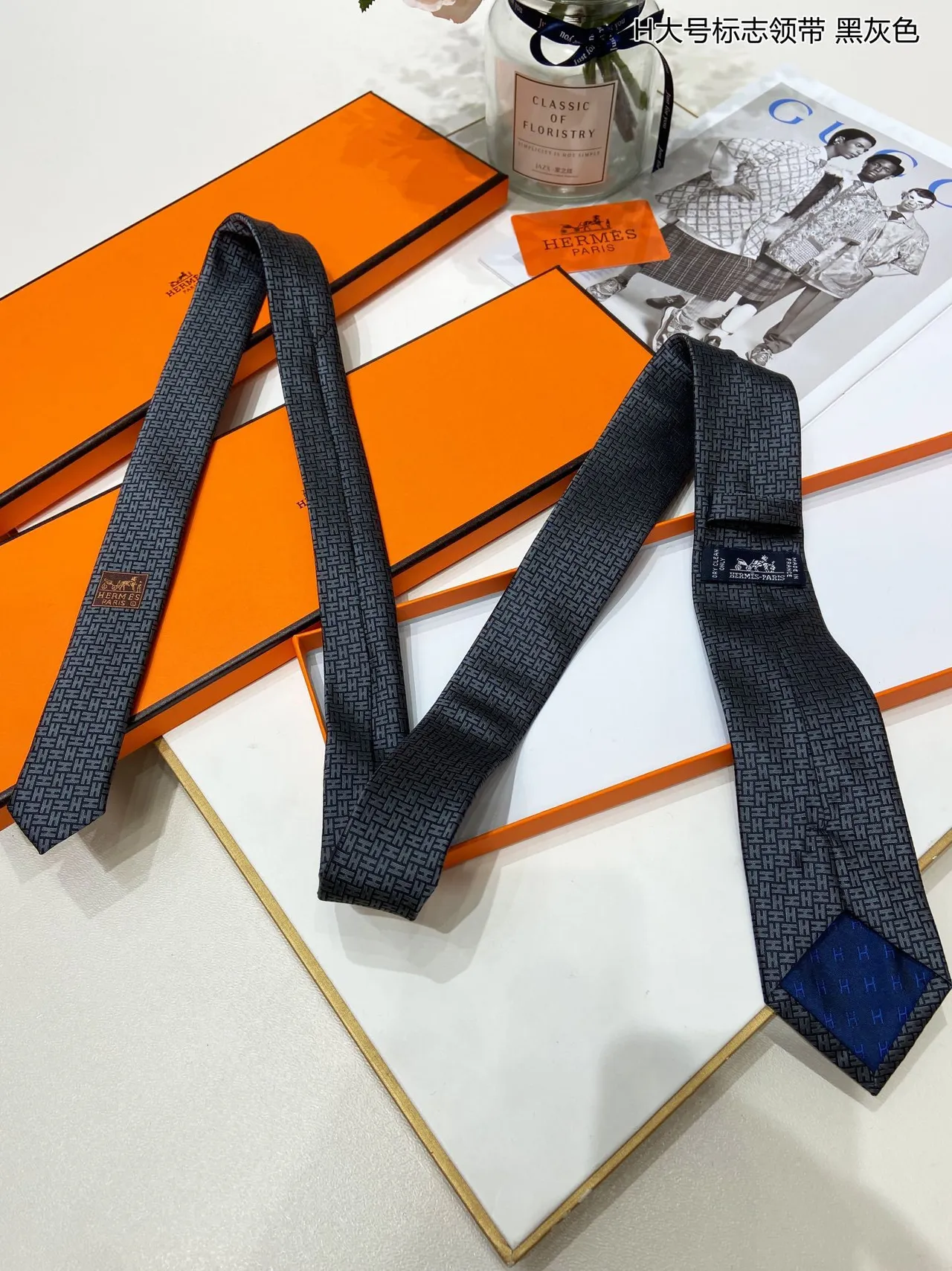 Hermès H-Motif Woven Black-Gray Necktie 8