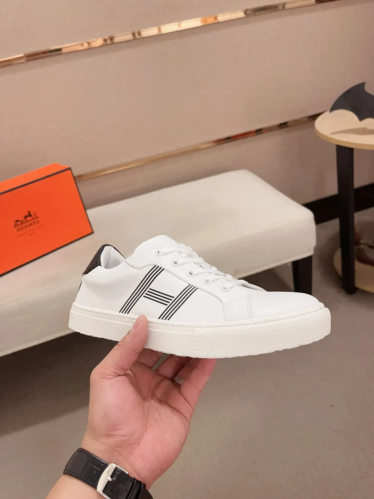 Hermès H Sneaker White Black Leather Upper Low-Top Lifestyle Sneakers 4