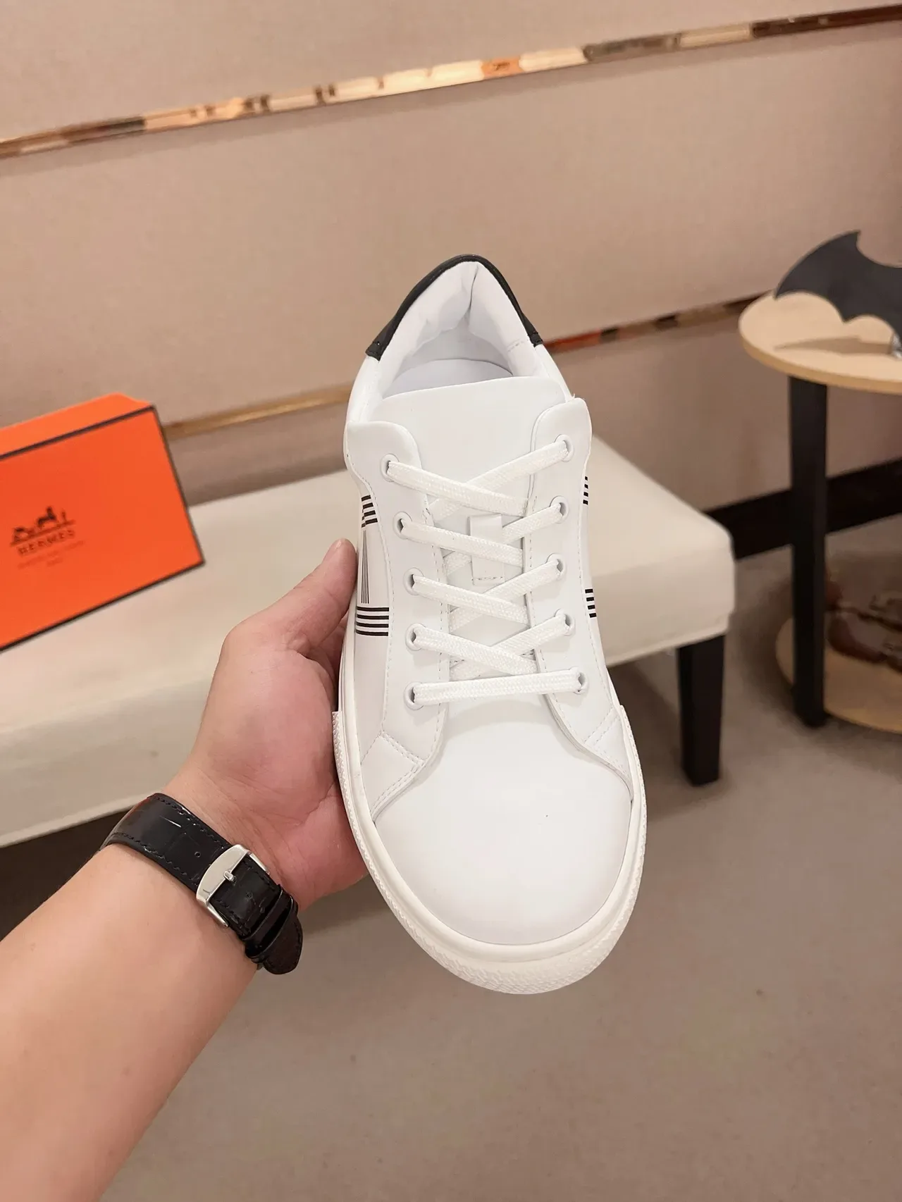 Hermès H Sneaker White Black Leather Upper Low-Top Lifestyle Sneakers 5