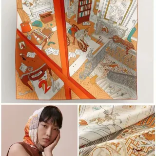 Hermès Escena Interior Ilustrada Pañuelo de Seda Naranja