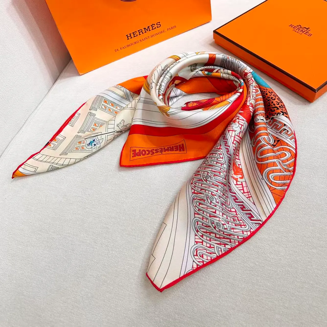 Hermès Illustrated Interior Scene Orange Silk Scarf 5