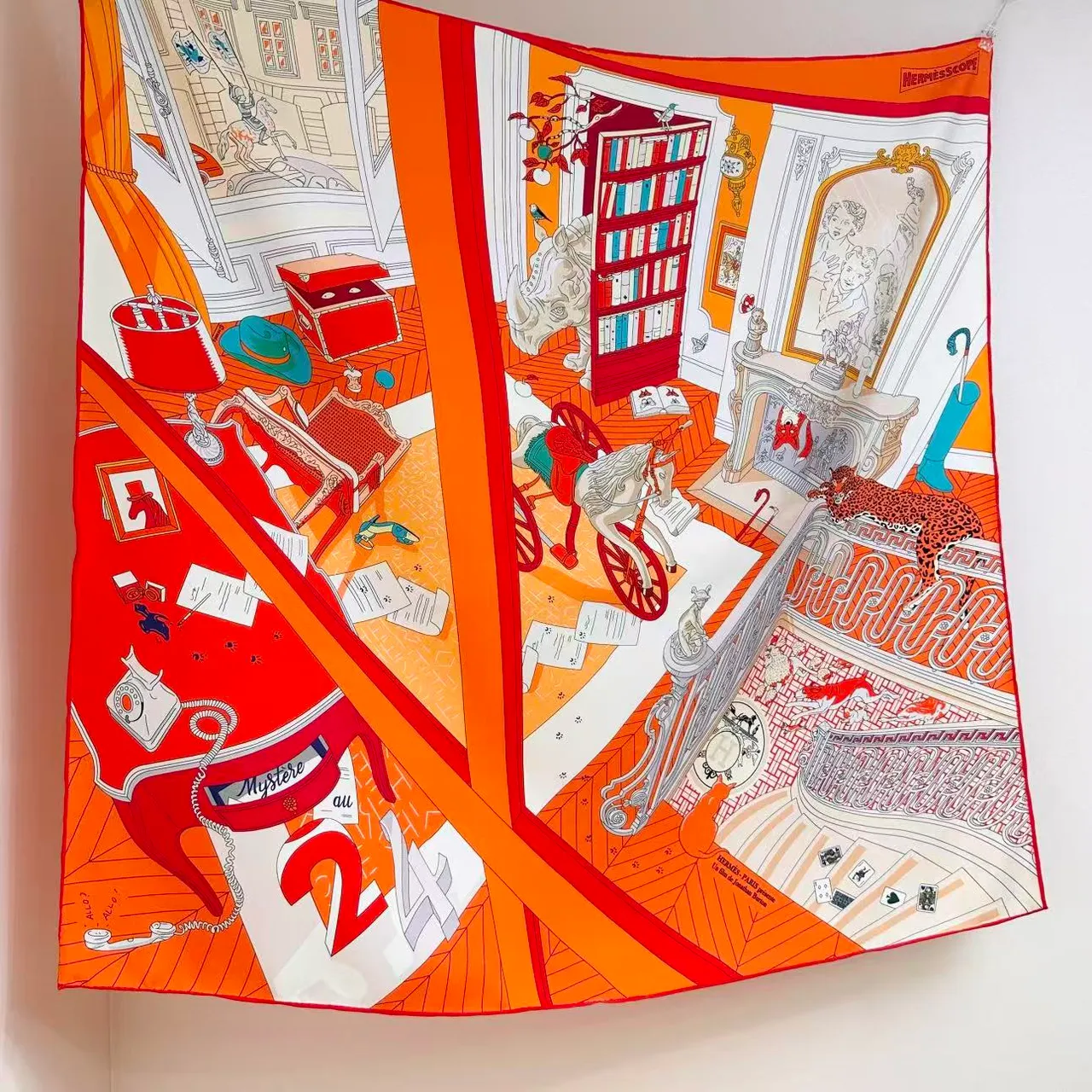 Hermès Illustrated Interior Scene Orange Silk Scarf 6