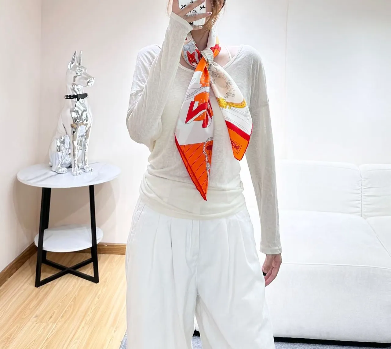 Hermès Illustrated Interior Scene Orange Silk Scarf 8