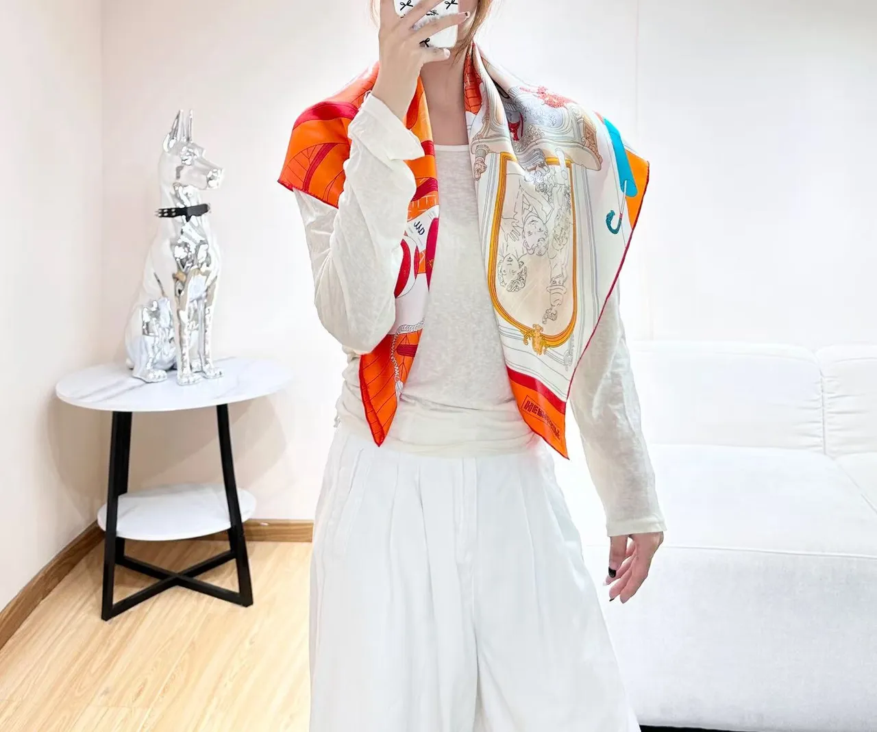 Hermès Illustrated Interior Scene Orange Silk Scarf 9