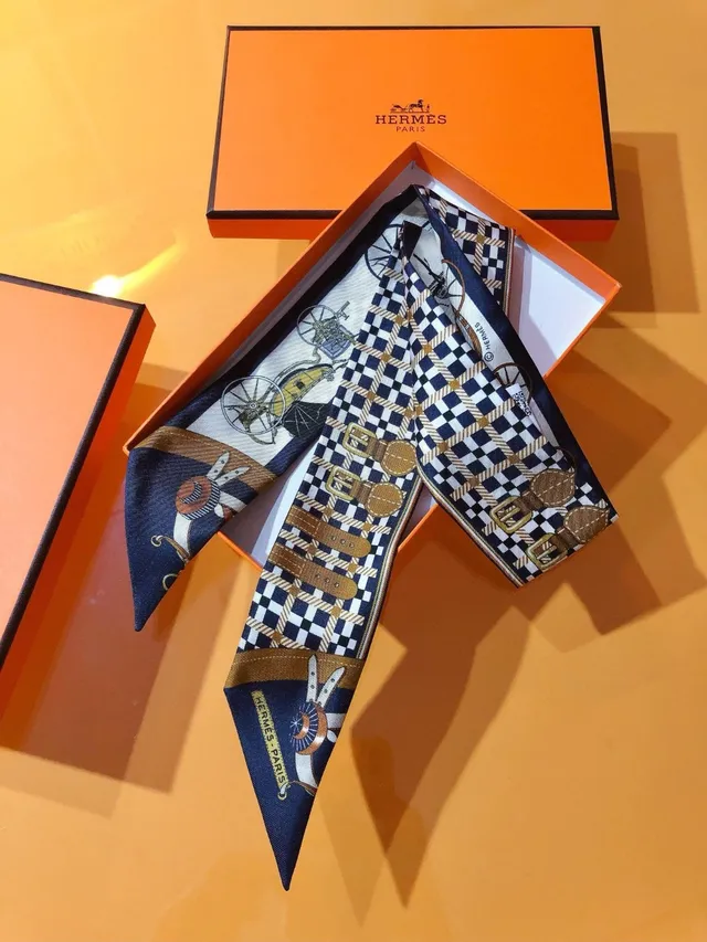 Hermès Les Voitures Nouvelles Twilly cachecol de seda azul-marinho e multicolor 6