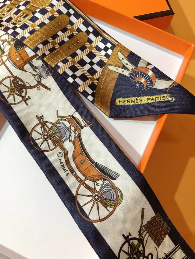 Hermès Les Voitures Nouvelles Twilly cachecol de seda azul-marinho e multicolor 7