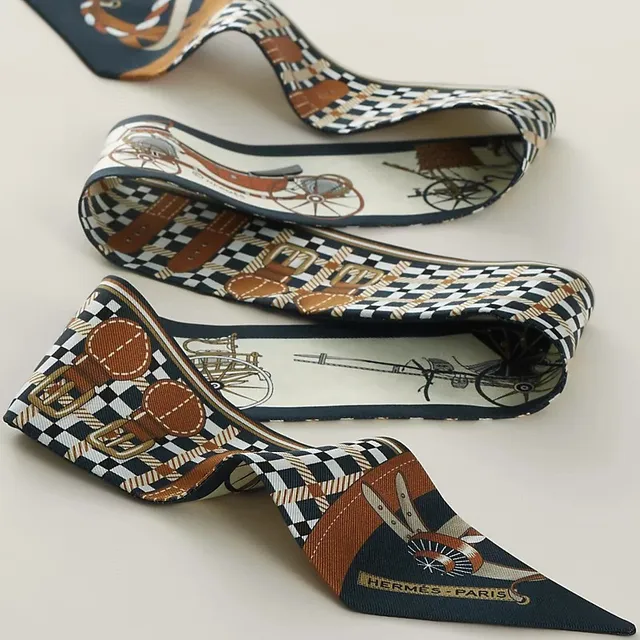 Hermès Les Voitures Nouvelles Twilly cachecol de seda azul-marinho e multicolor 9