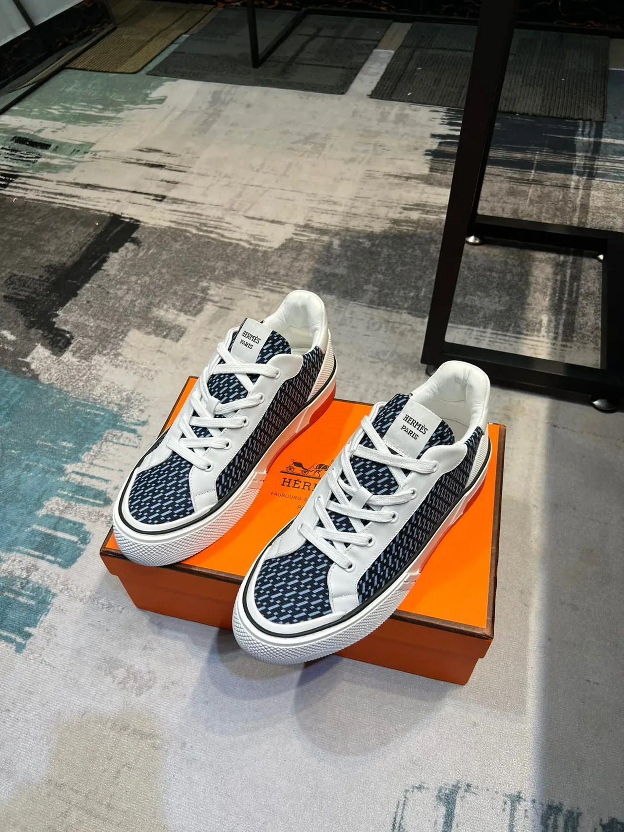 Hermès Navy White Geometric-Patterned Textile Upper Leather Overlays Sneakers 5