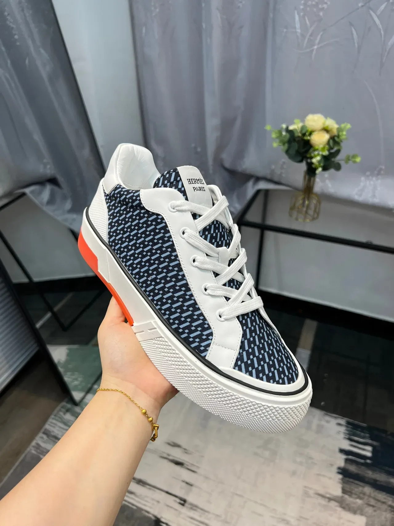 Hermès Navy White Geometric-Patterned Textile Upper Leather Overlays Sneakers 6