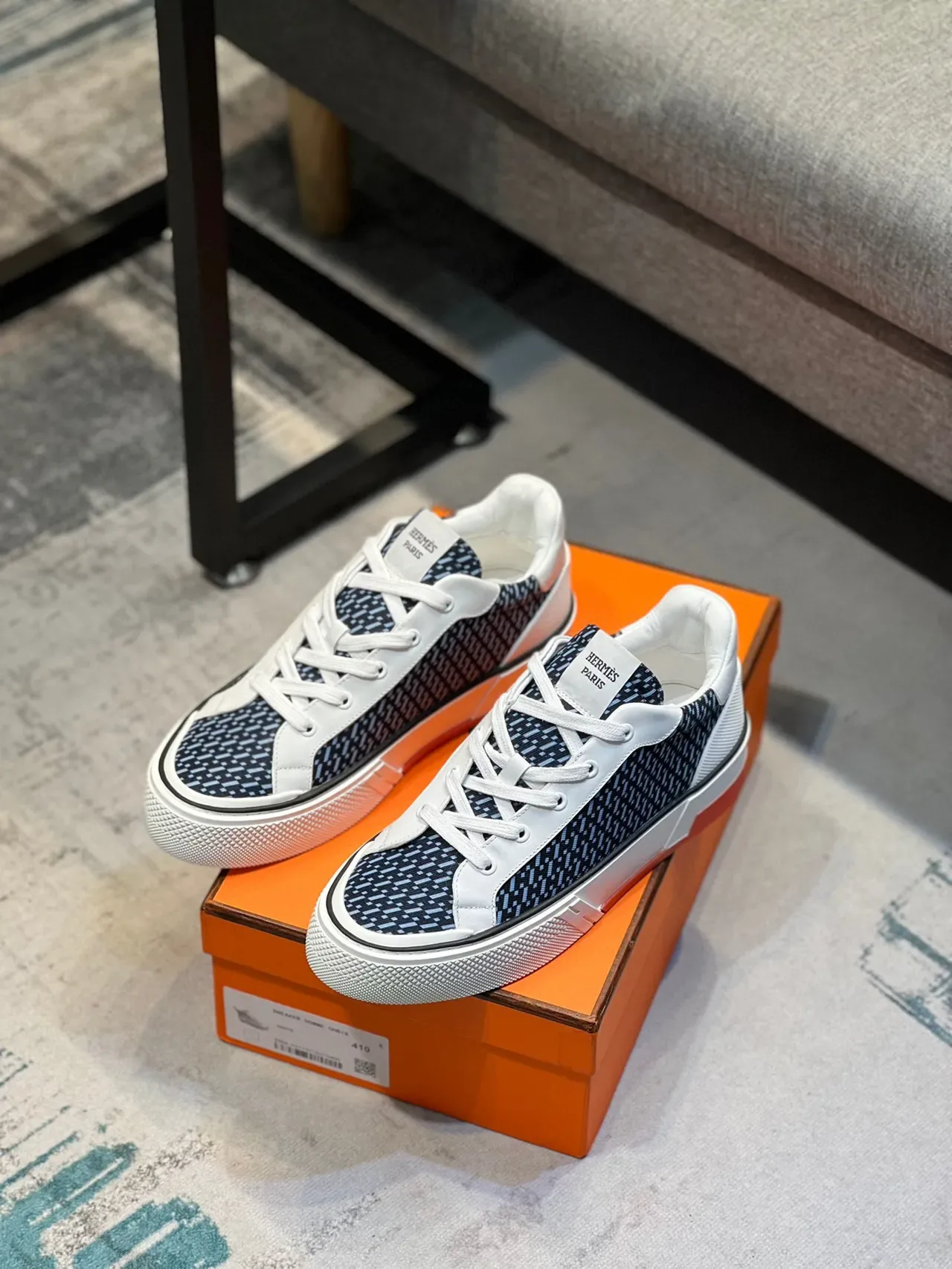 Hermès Navy White Geometric-Patterned Textile Upper Leather Overlays Sneakers 7