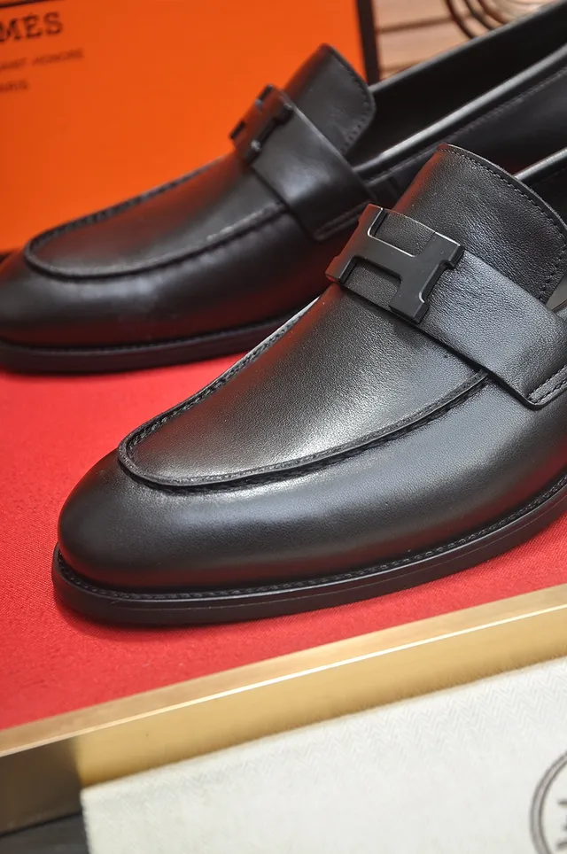 Hermès Oran Black Leather H-Buckle Loafers 2