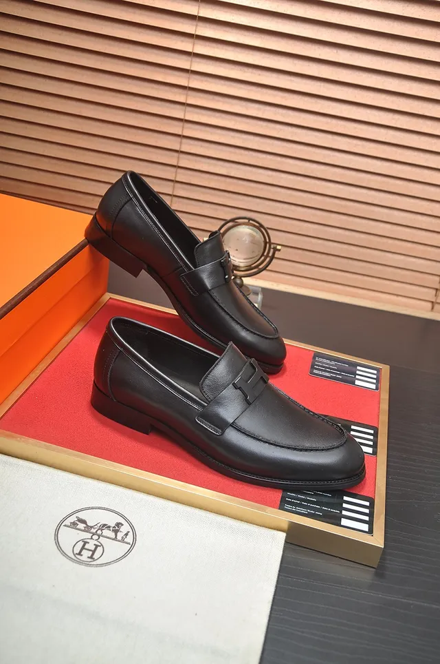 Hermès Oran Black Leather H-Buckle Loafers 4
