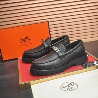 Hermès Oran Black Silver Textured Leather Metal H-Buckle Strap Loafer