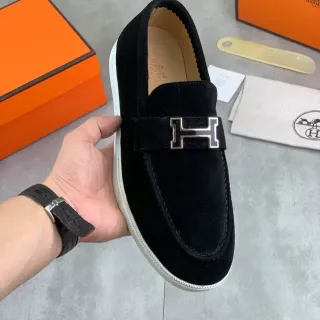 Hermès Oran H-Buckle Mocassim Preto Camurça