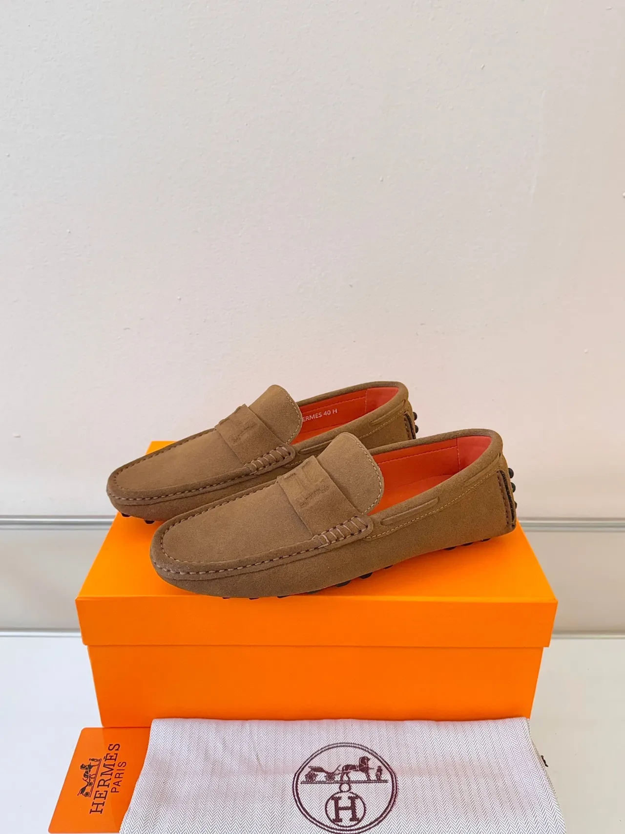 Hermès Oran Brown Orange Suede Upper Penny Strap Loafer 2