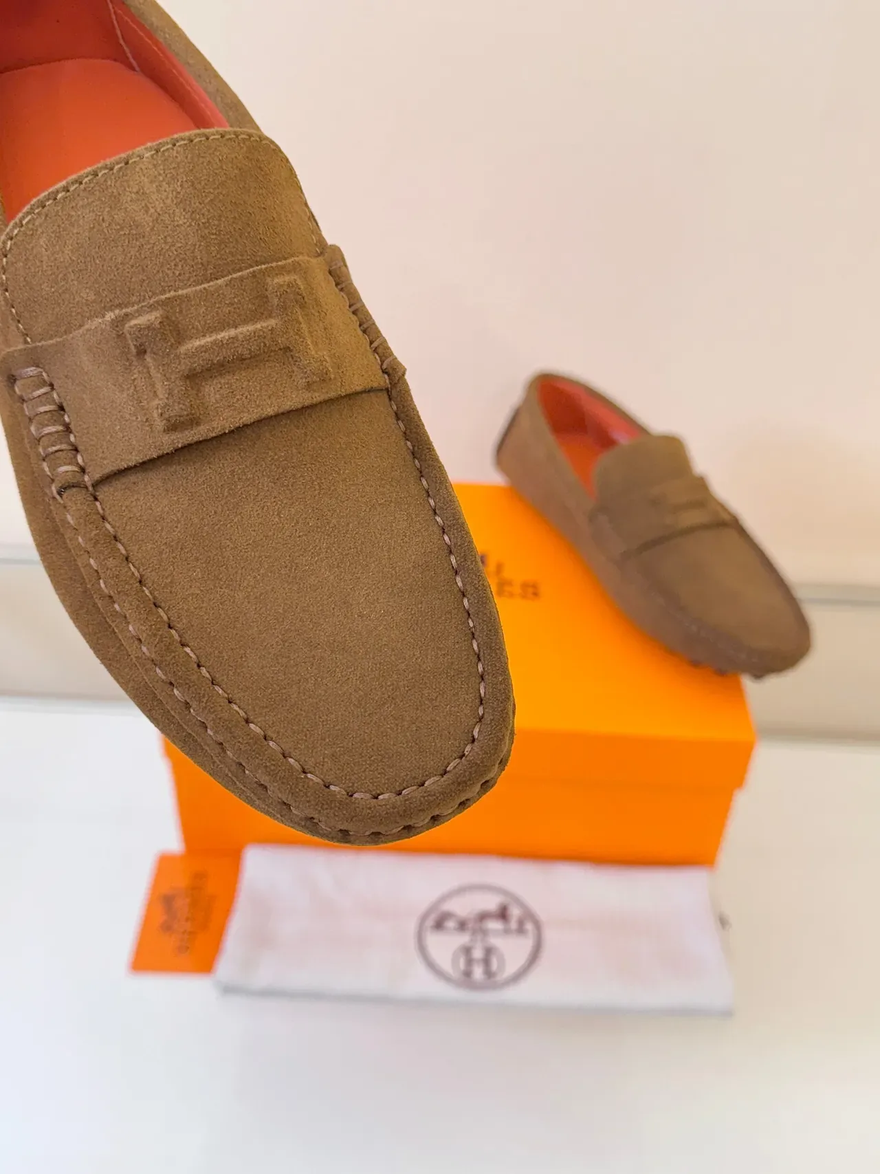 Hermès Oran Brown Orange Suede Upper Penny Strap Loafer 3