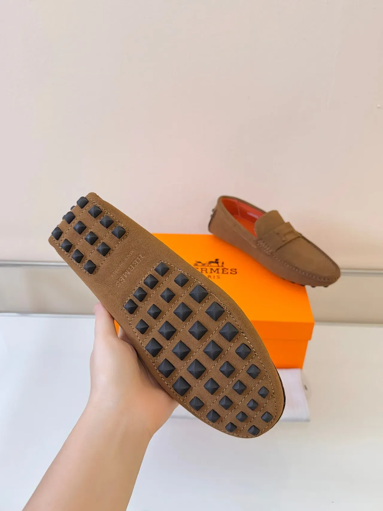 Hermès Oran Brown Orange Suede Upper Penny Strap Loafer 5