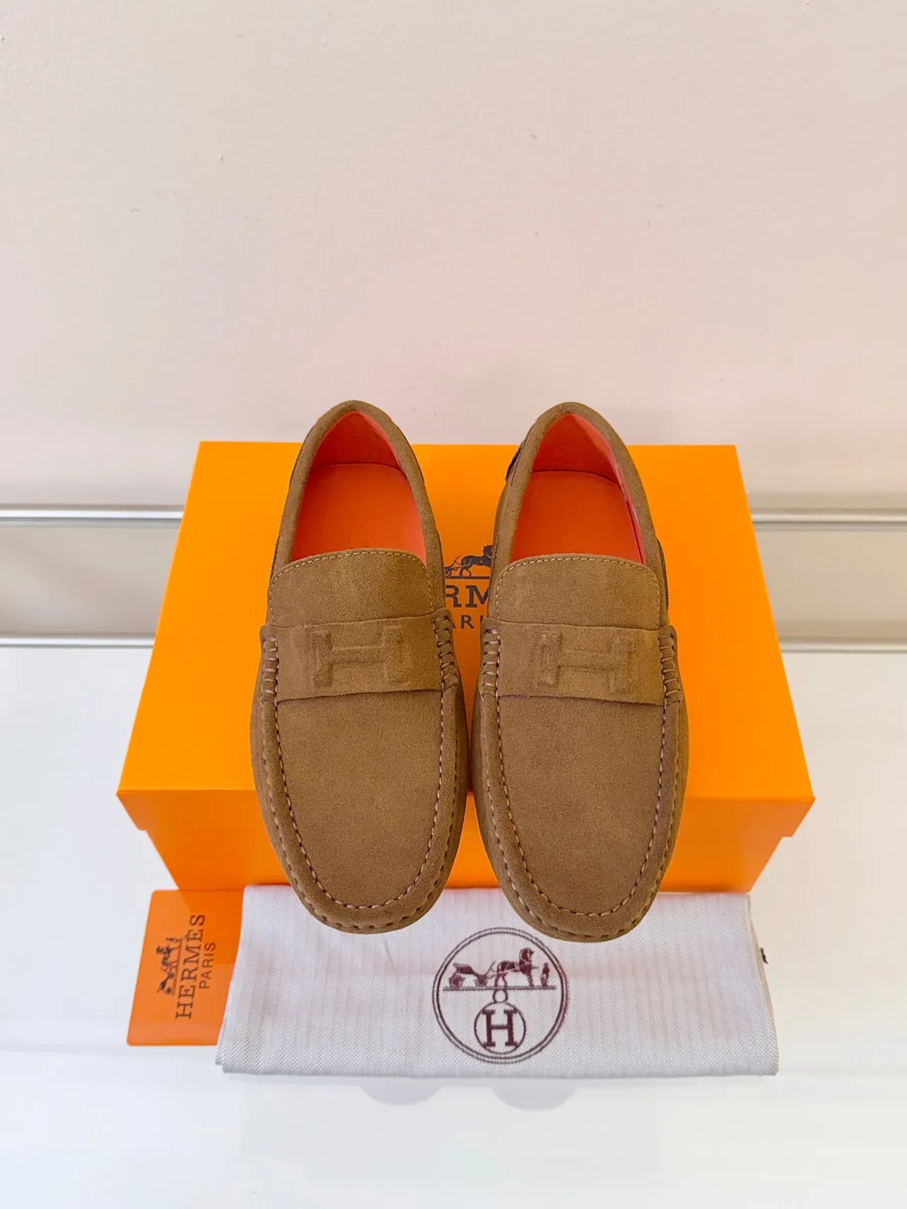 Hermès Oran Brown Orange Suede Upper Penny Strap Loafer 6