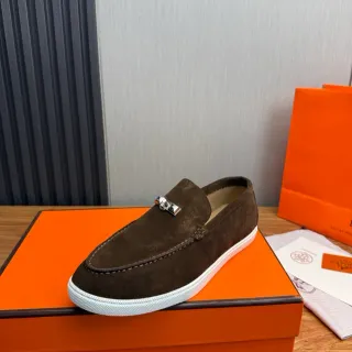 Hermès Oran Brown White Suede Upper H-Buckle Hardware Loafer