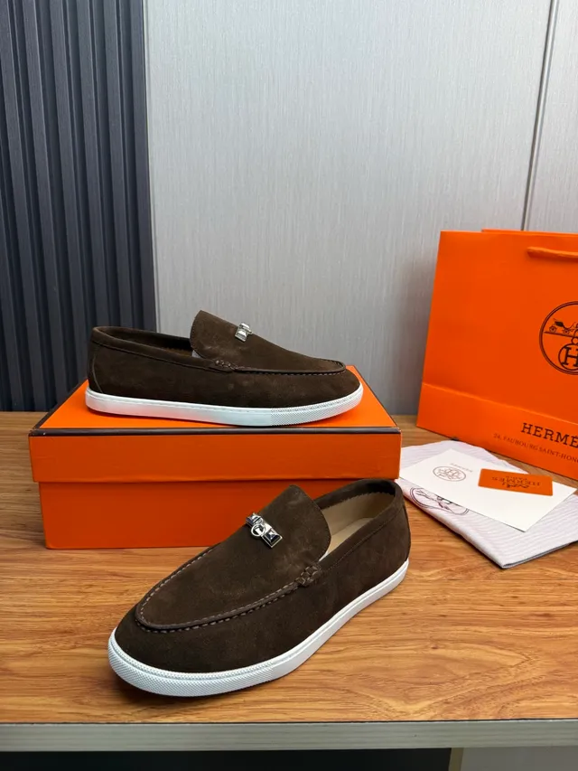 Hermès Oran Marron Blanc Daim Supérieur H-Buckle Hardware Loafer 5