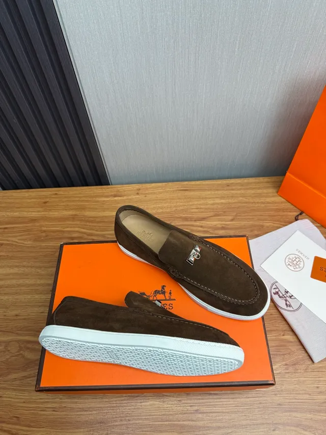 Hermès Oran Marron Blanc Daim Supérieur H-Buckle Hardware Loafer 7