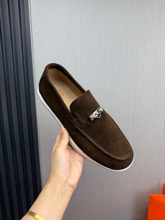 Hermès Oran Marron Blanc Daim Supérieur H-Buckle Hardware Loafer 9