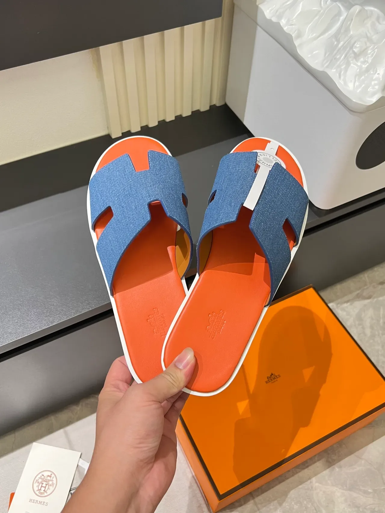 Hermès Oran Denim H-Strap Slippers 7