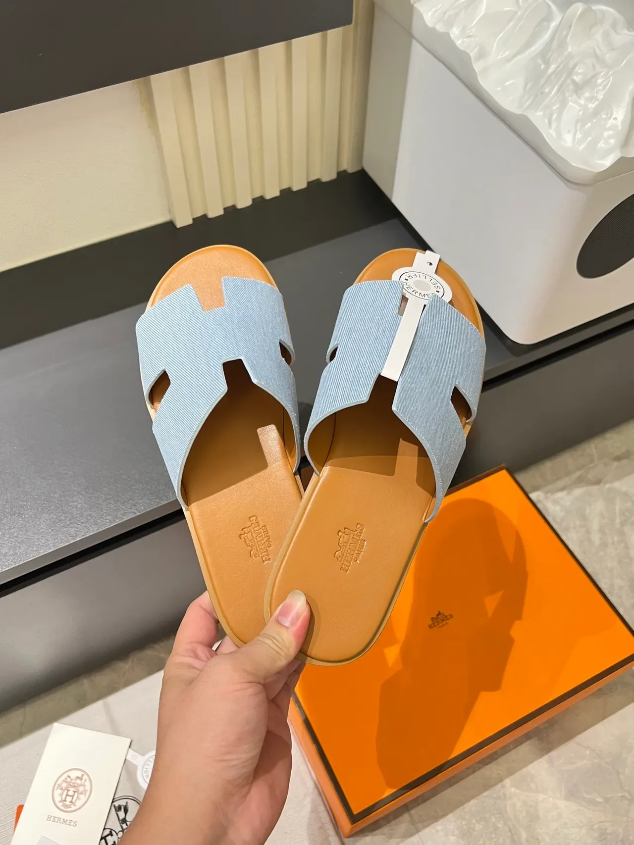 Hermès Oran Denim H-Strap Slippers 8