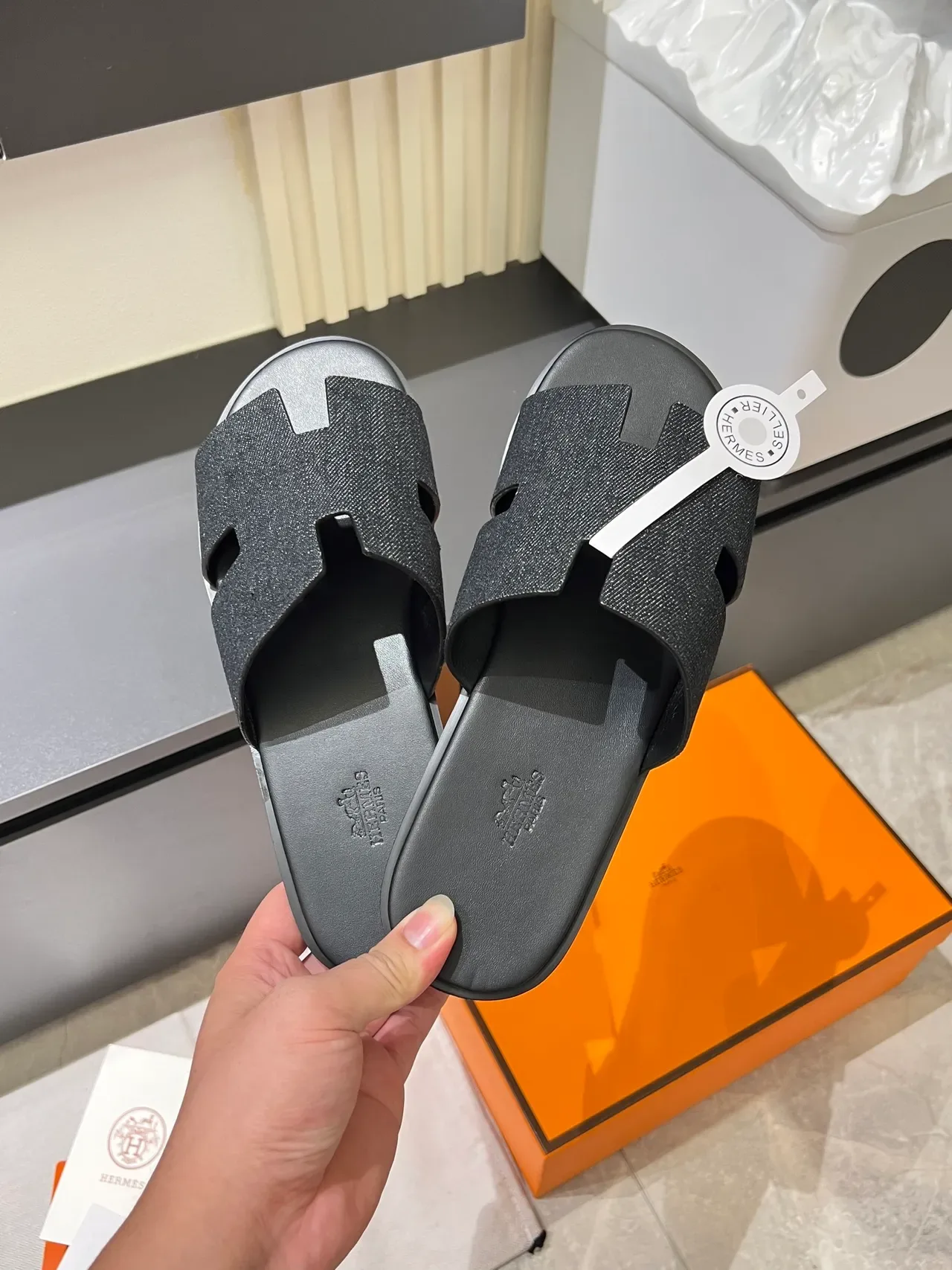 Hermès Oran Denim H-Strap Slippers 9