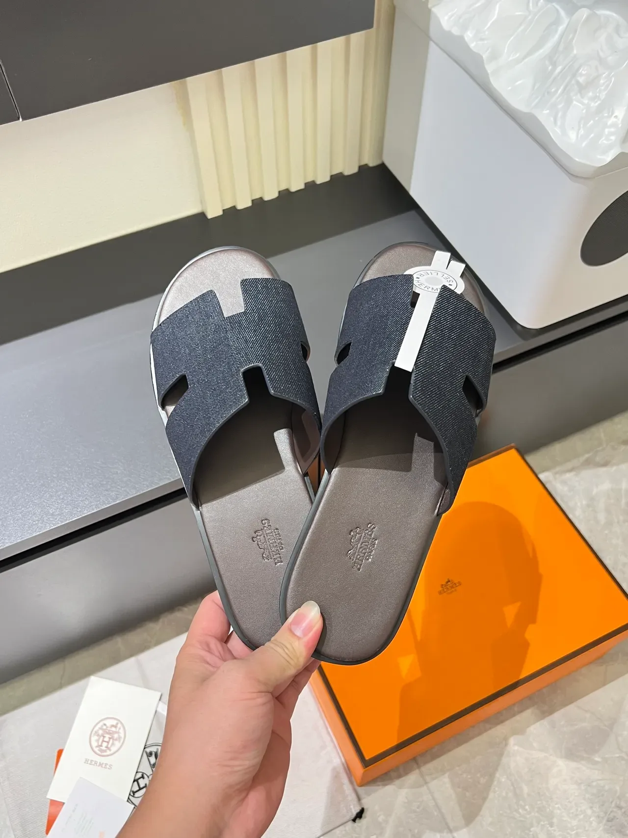 Hermès Oran Denim H-Strap Slippers 10