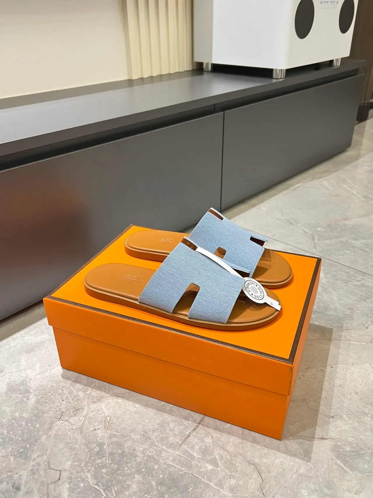 Hermès Oran Denim H-Strap Slippers 12