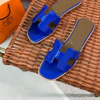 Hermès Oran Glossy Blue H-Strap Slippers
