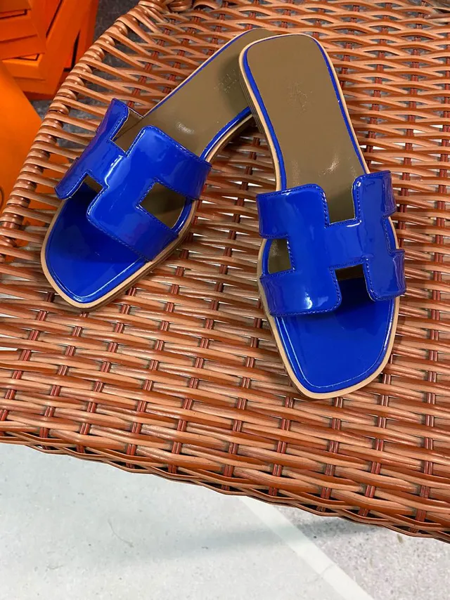 Hermès Oran Glossy Blue H-Strap Slippers 4