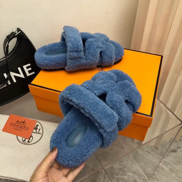 Hermès Oran-Inspired Blue Shearling Slippers 3