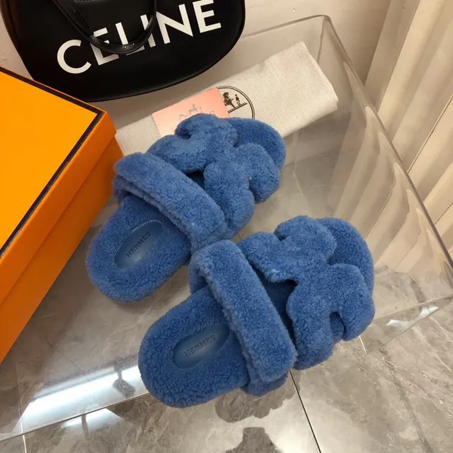 Hermès Oran-Inspired Blue Shearling Slippers 4