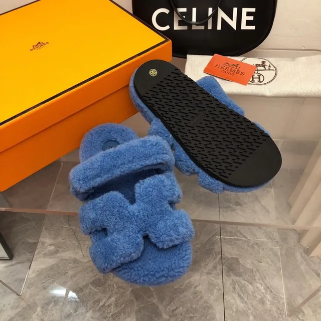 Hermès Oran-Inspired Blue Shearling Slippers 8