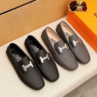 Hermès Oran Loafer Preto e Cinza Carvão Couro estampado H-Quilted