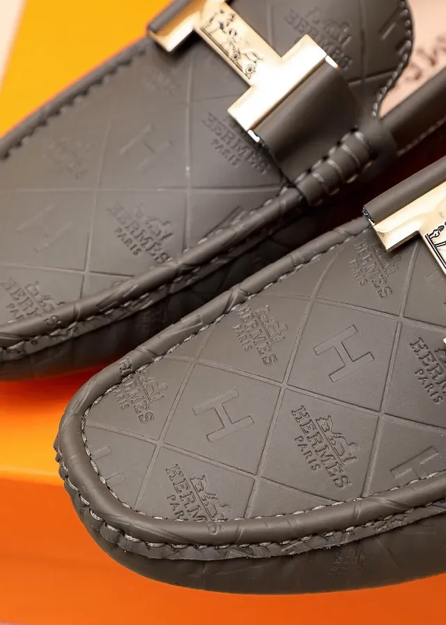 Hermès Oran Loafer Noir et Gris Charbon Cuir estampé H-Quilted 4
