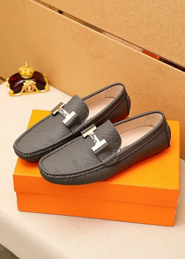 Hermès Oran Loafer Noir et Gris Charbon Cuir estampé H-Quilted 6