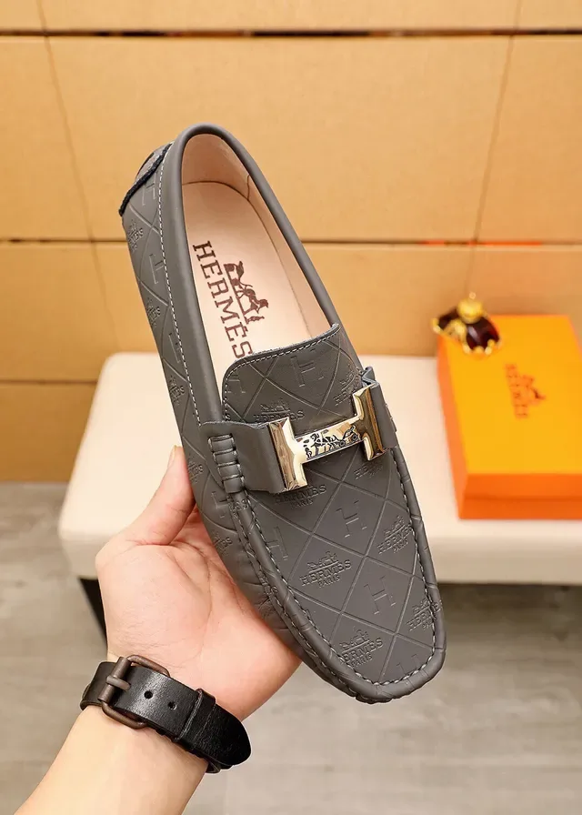 Hermès Oran Loafer Noir et Gris Charbon Cuir estampé H-Quilted 7