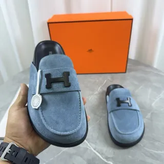 Hermès Oran Loafer Light Blue Suede Black Hardware Loafers