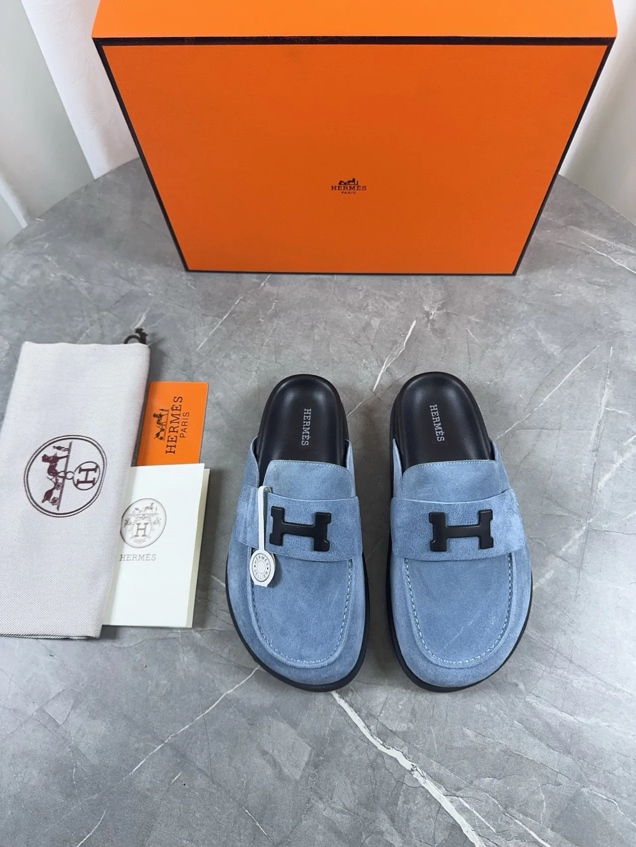 Hermès Oran Mocassin Bleu clair Daim Noir Quincaillerie Mocassins 2
