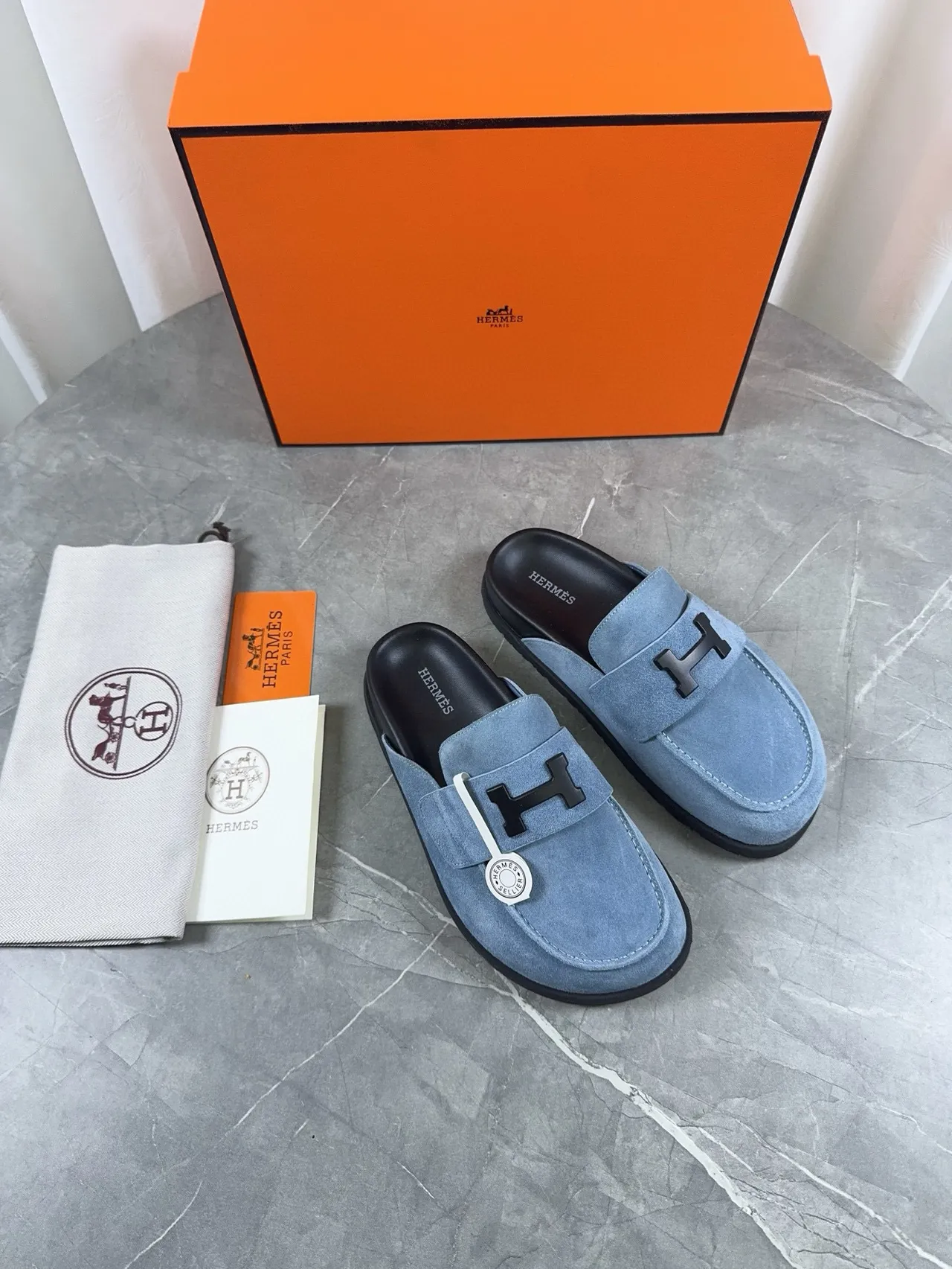 Hermès Oran Mocassin Bleu clair Daim Noir Quincaillerie Mocassins 5