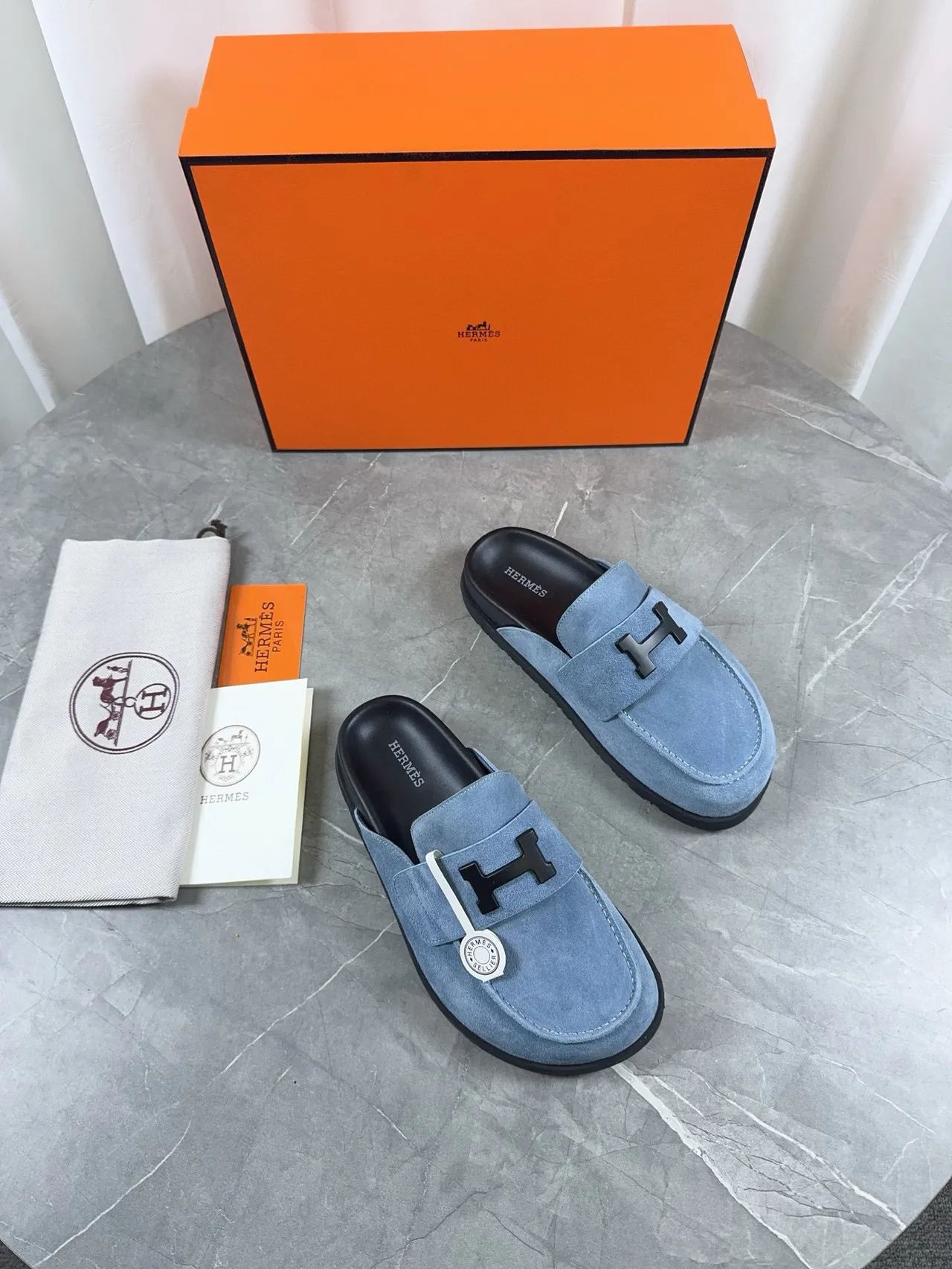 Hermès Oran Mocassin Bleu clair Daim Noir Quincaillerie Mocassins 6