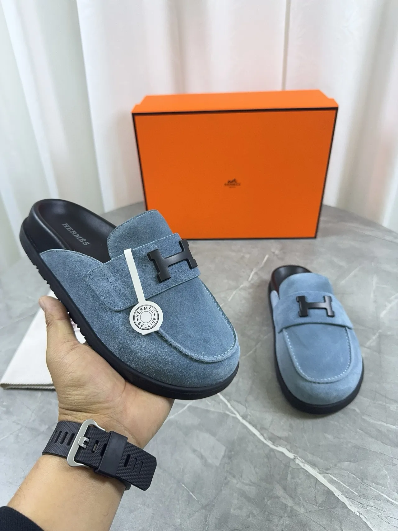 Hermès Oran Mocassin Bleu clair Daim Noir Quincaillerie Mocassins 7