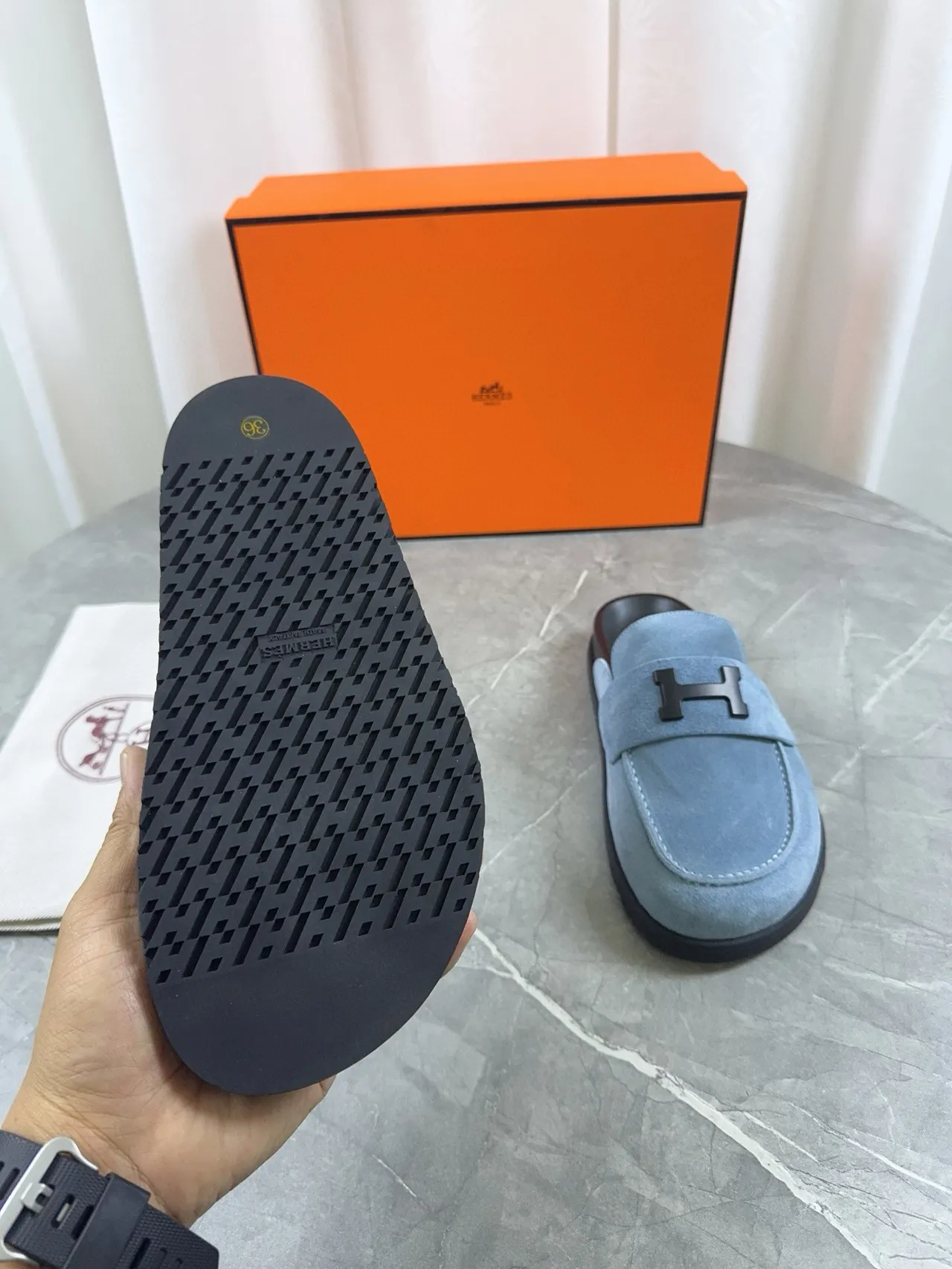 Hermès Oran Mocassin Bleu clair Daim Noir Quincaillerie Mocassins 8