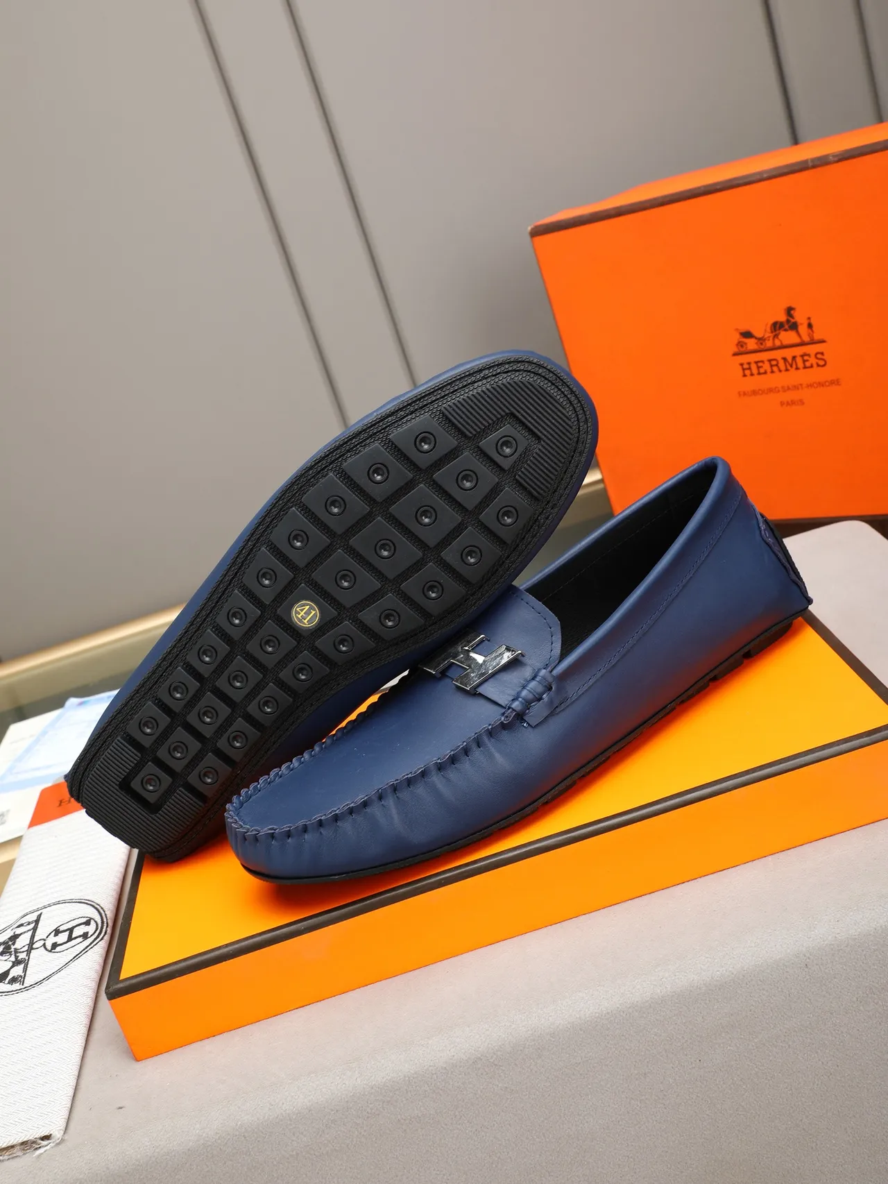Hermès Oran Loafer Navy Blue Leather Loafers 4