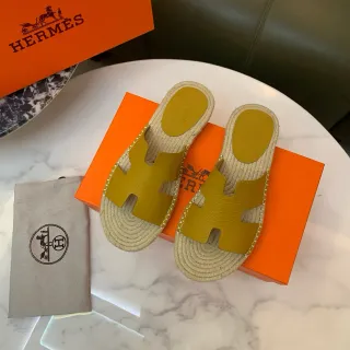 Hermès Oran Mustard Yellow Leather H-Strap Woven Jute Slippers