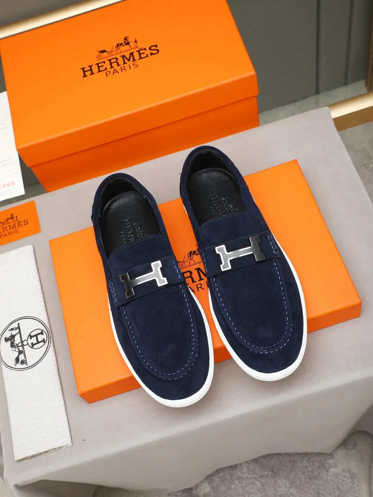 Hermès Oran Loafer ante navy hebilla H 2