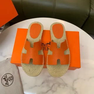 Hermès Oran Orange Leather H-Strap Espadrille Slippers